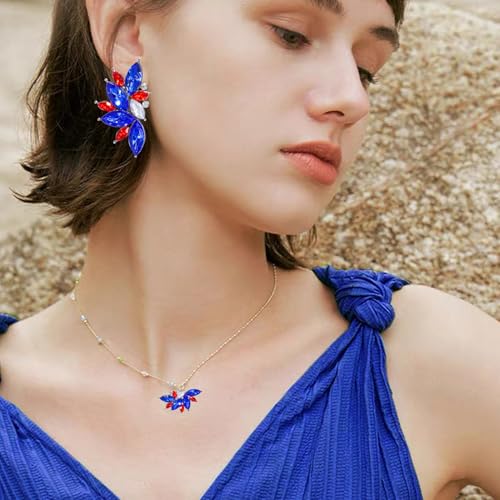 Bohemian Statement Sparkly Colourful Fancy Rhinestone Crystal Flower Dangle Drop Stud Earrings Vintage Wedding Bridal Prom Earrings for Women - color: Red Blue