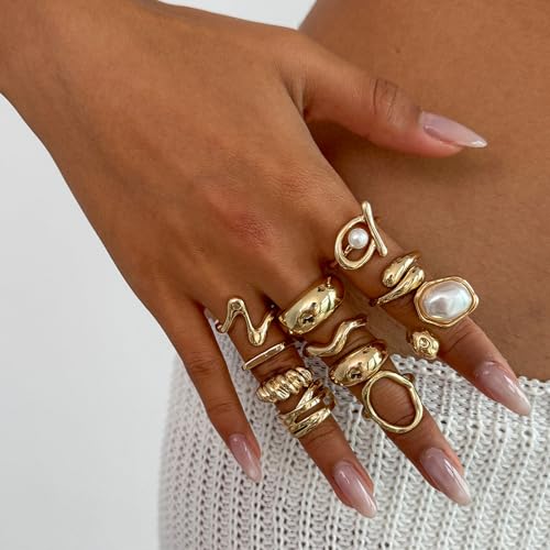 Chunky Gold Rings for Women Non Tarnish Boho Stackable Rings Set Adjustable Open Joint Finger Midi Knuckle Ring Packs - color: Gold Pearl Rings 11Pcs