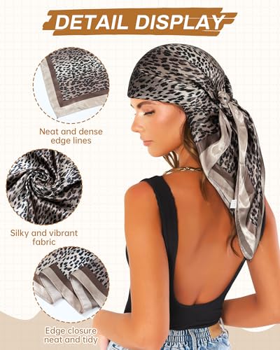 Mesovor 35” Square Head Scarf for Women, 3 Pack Like Silk Satin Headscarf Hair Neck Scarf Top Bandanas for Sleeping - color: Small Leopard(gray/Coffee/Camel)