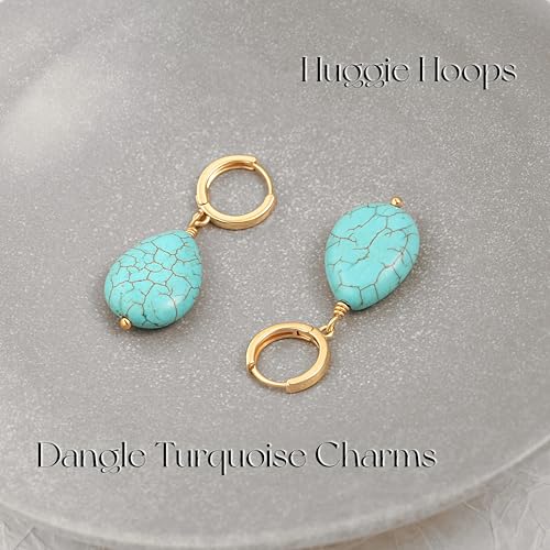 Gold Plated Huggie Hoop Earrings with Charms Fashion Pearl Drop Dangle Earrings for Women Handmade Karma Circle Jewelry for Ladies Lightweight Pearl Earrings on Christmas - color: turquoise-teardrop