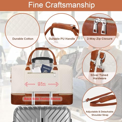 ITIEZY Weekender Overnight Bag for Women - Large Travel Duffel Bag with Shoe Compartment, Gym Duffel Bag Hospital Bag Carry On Tote Bags for Airplanes with Crossbody Bag Toiletry Bag 3Pcs Set - color: 2-Beige