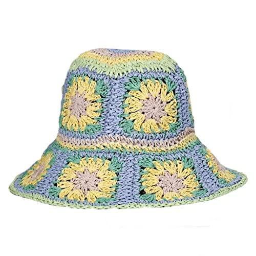 Women Straw Sun Hat Floral Woven Crochet Bucket Hat Y2k Aesthetic Accessories Beach Hat Hand Woven Boho Foldable Cap - color: Lake