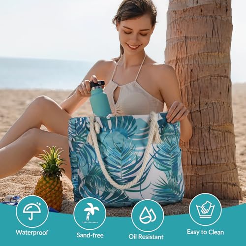Clothirily Beach Bag for Women - Large Beach Tote Bag, Waterproof Sandproof Beach Bag with Zipper, Large Swim Pool Beach Tote - color: Green Leaves