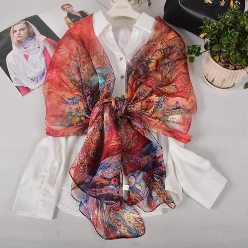 100% Mulberry Silk Women's Neck Silk Scarf-Lightweight Shawl,FLoral Print Beach Silk Wrap-Scarves for Photography - color: Red Phoenix