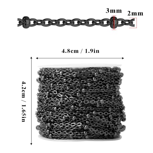 33 Feet Gunmetal Satellite Chains Bulk, 2mm 304 Stainless Steel Black Ball Beaded Cable Links Chain Roll Spool for Jewelry Making DIY Craft - color: Black Small Beads Satellite Cable Chain