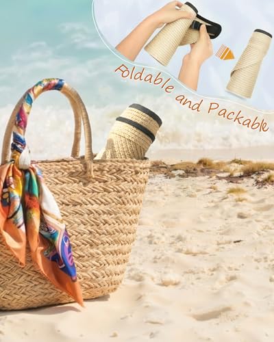 Senker Fashion Sun Hats Visor for Women, Straw Beach Hat Adjustable Wide Brim Ponytail Packable for Summer Travel UPF 50+ - color: Beige