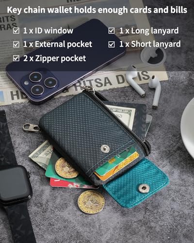 Artpaxy Minimalist Wallet For Mens Womens, Keychain RFID Blocking Zipper Small Wallet with ID Window 2 Lanyards,Water Resistant Travel Cash Card Coin Case Boys Girls - color: Dark grey+Blue green, style: Casual