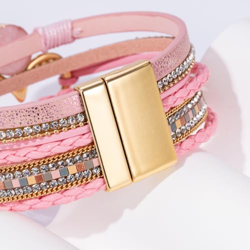 Boho Leather Wrap Bracelets Beaded Stackable Cuff Bracelet Country Concert Outfits Cowboy Cowgirl Western Jewelry Gifts for Women - color: Heart-Pink