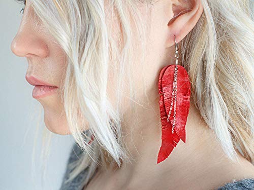 Black shiny Leather Feather Earrings for Women, Lightweight Minimal Boho Dangle Earrings, Small Simple Everyday Jewelry - color: red