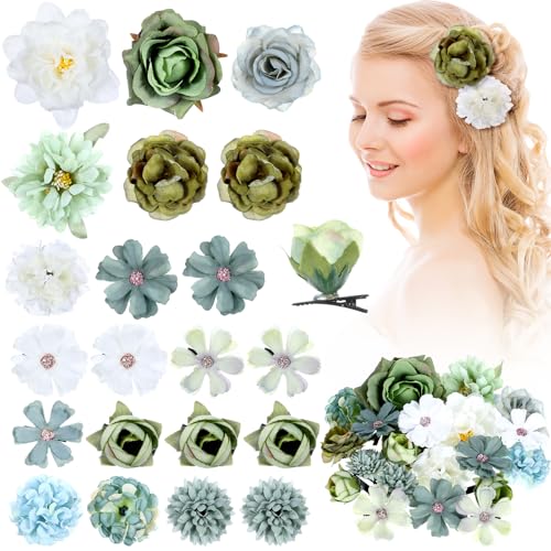 BBTO 21 Pcs Flower Hair Clip Rose Hair Clips Barrettes for Women Flower Accessories Boho Bride Claw Clip Hairpin Brooch Pin Headpiece for Wedding (Forest Green) - color: Forest Green