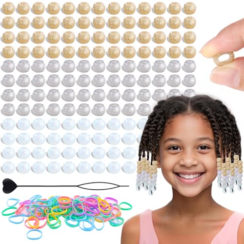 150Pcs 10mm Small Glitter Silicone Beads for Hair Braids, Soft Jellyish Pony Hair Beads with 5mm Hole + 50 Rubber Bands and 1 Beader for Braiding, DIY Bracelets Necklaces Crafts (Gold Silver Mix) - color: Glitter Gold Silver Mix