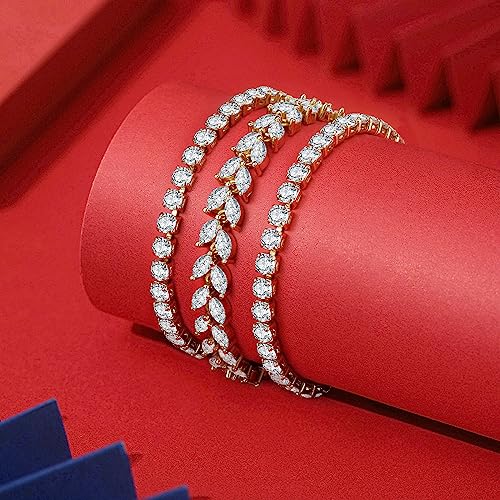GEMOSA 3 Pcs Tennis Bracelet Set 14K Gold Plated Marquise Cubic Zirconia CZ Diamond Dainty Adjustable Silver Bracelets for Women Brides Stackable Fashion Jewelry Wedding Prom Gift - color: Gold-White CZ