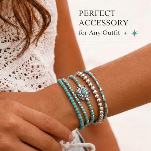 Long tiantian Western Turquoise Beaded Bracelet Set for Women Stackable Cowgirl Bracelets Boho Concho Jewelry Country Concert Rodeo Outfit Accessories Gifts - color: A2:Western Bracelets