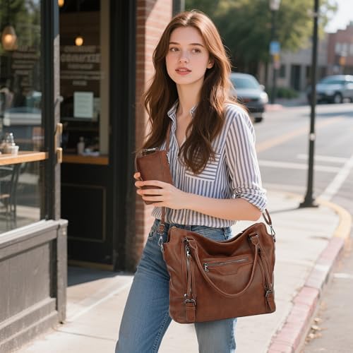 TANTOMI Tote Bag for Women Vegan Leather Purses and Handbags Ladies Waterproof Big Shoulder Bag for Travel - color: Brown.d