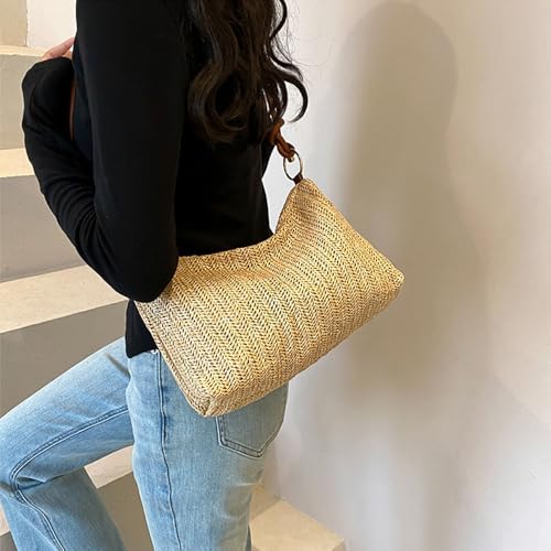 Women's Woven Beach Shoulder Handbag Colorful Straw Tote Bag Summer Vacation Crossbody Bag - color: 1343brown