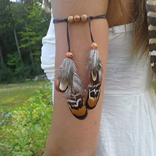 Set of 2 Gypsy Hippie Feather Headband Headdress and Armband Bohemian Headwear Headpiece Handmade Tribal Indian Fascinator Feather Hairband Hair Accessories for Women Lady (A#)