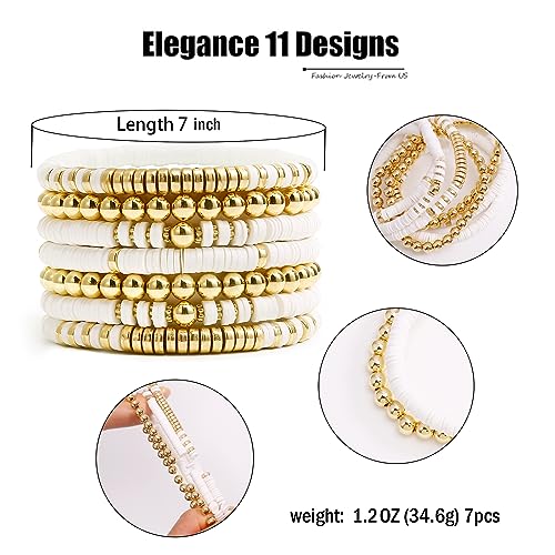 Elegance 11 designs Heishi Beaded Bracelets For Women Polymer Clay Colorful Surfer Stackable Beads Boho Bracelet Summer Beach Jewelry - color: White