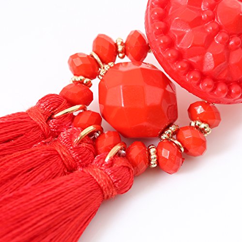 boderier Bohemian Statement Thread Tassel Chandelier Drop Dangle Earrings with Cassandra Button Stud - color: Red