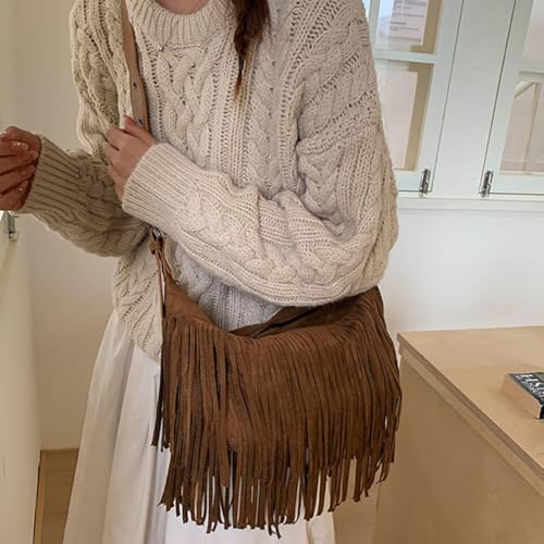 Fringe Genuine Suede Leather Hobo Bag Adjustable Crossbody Shoulder Bag Boho Retro Tassel Handbag Gift Box - color: Brown