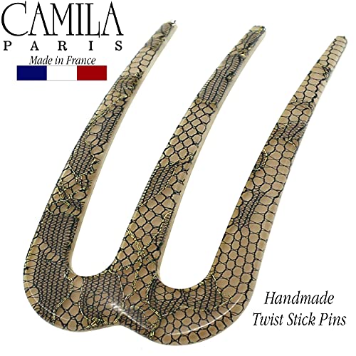 Camila Paris CP3168 French Twist Stick Clip Pins, Black Lace, Wavy Hair Pin 3-Prong Hair Fork for Girls Spiral Updo Chignon Bun Holder, Flexible Styling Hair Accessories for Women, Handmade in France - color: 3-Prong Black Lace
