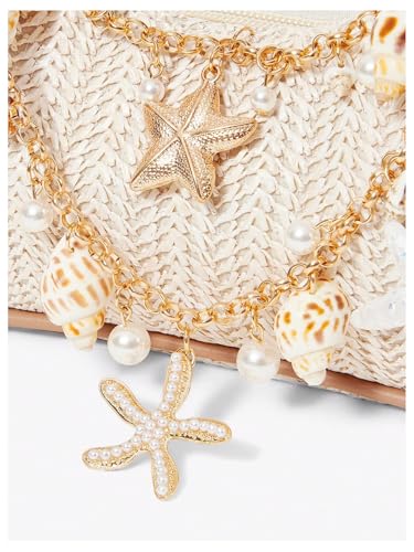 MakeMeChic Women's Straw Beach Purse Seashell Beaded Shoulder Handbags Summer Vacation Bags - color: Multicolor E