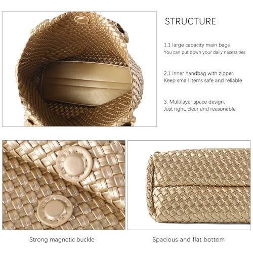 Hand Woven Bag Tote BagS For Women Top Handle Shoulder Vegan Leather Large Travel Beach Hobo Handbag - color: Gold