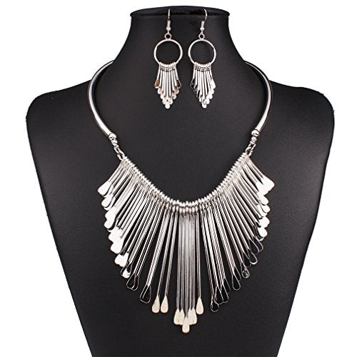 YAZILIND Women Ethnic Style Tassel Drop Pendant False Collar Statement Necklace Earrings Set - color: Silver