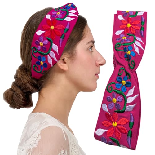 FANFAN Fuchsia Mexican Floral Embroidered Headband - Twist Knotted Criss Cross Elastic Stretchable Hair Band for Wedding, Festival & Daily Use Christmas Gift E9 (Fuchsia, Free Size) - color: Fuchsia