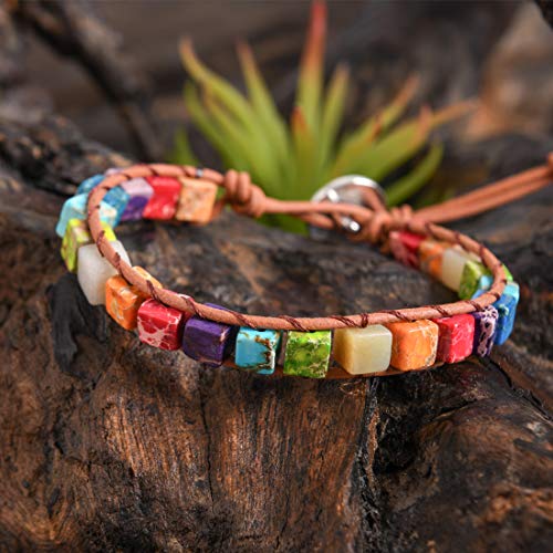YGLINE Boho Handmade Wrap Leather Tube Crystal Stone Bracelet for Women - color: Chakra Cube
