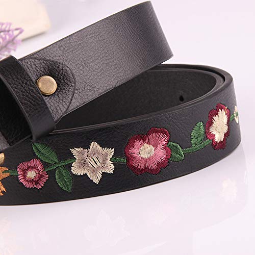 Utaly Women's Floral-Embroidered-Black-Leather-Belt - Vintage Boho Country Style Flower-Belts