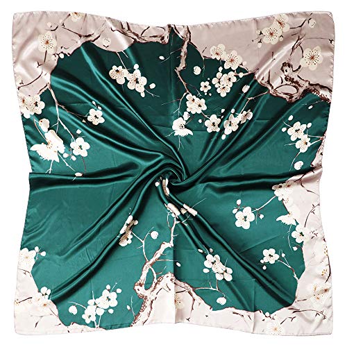 vabovin Satin Head Scarf for Women Silk Like Hair Scarf, 35 x 35 in | Silk Feel Fabric, Hair Wrap for Sleeping, Headscarf and Neck Scarf, Square Bandana Style, Fashion Accessory - color: 041 Gree Plum Blossom