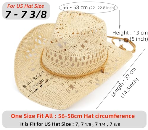 Straw Cowboy Hat for Women and Men with Shapeable Wide Brim Sun Beach Western Cowgirl Hat - color: Beige