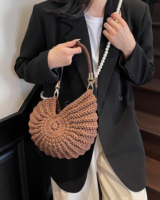 Handmade Crochet Tote Bag Seashell Purse for Women Boho Shell Handbag Crossbody Shoulder Bag Summer Beach Clutch Hobo Handbag - color: Black