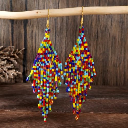 Flower Black Beaded Long Tassel Western Native American Earrings For Women Dangling - color: colorful