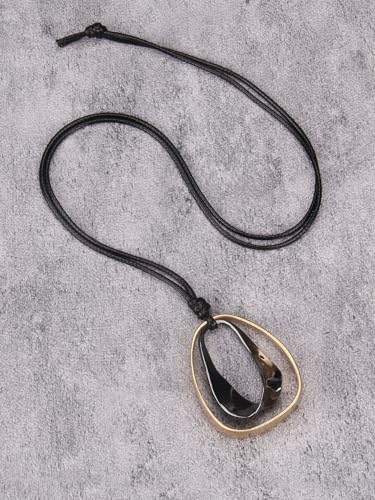 GelConnie Leather Necklace for Women Round Wooden Pendant Long Leather Choker Vintage Sweater Necklace Gold Chunky Boho Necklaces for Women - style: Black Teardrop Necklace