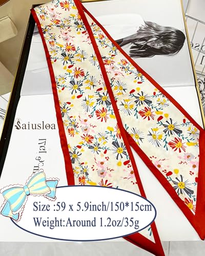 Purse Scarf For Handbags Head Scarves For Women's Hair Bags Scarfs Long Skinny Scarves Fashion Silky - color: A12-kelsang Flower Red Border