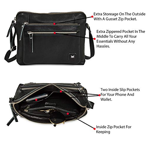 Leather Crossbody Bags for Women Small Soft Genuine Pebbled Sling Shoulder Handbag Crossover Purse with Full Adjustable Strap (Black Nappa) - color: Black Nappa