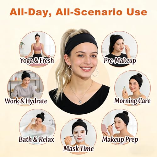 5 Pack Wide Headbands for Women, Sweat-Absorbing Sport Sweatbands, Soft Elastic Yoga Hairbands, Comfortable Hair Bands for Fitness Workout Travel Exercise - color: 5-Pure Black