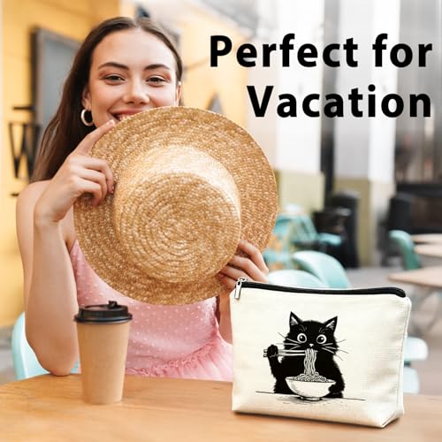 Black Cat Makeup Bag, Funny Black Kitty Eat Noodles Cosmetic Bags for Women, Cat Mom Lady Lover Gifts for Women, Pet Lovers Owners Gifts Zipper Makeup Pouch - color: 02-Cat(02)