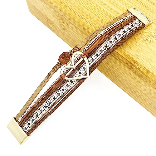 Womens Multi Layer Heart Leather Wrap Bracelet Boho Stackable Cuff Bangle Magnetic Clasp Crystal Birthday Valentine Gift - color: Brown