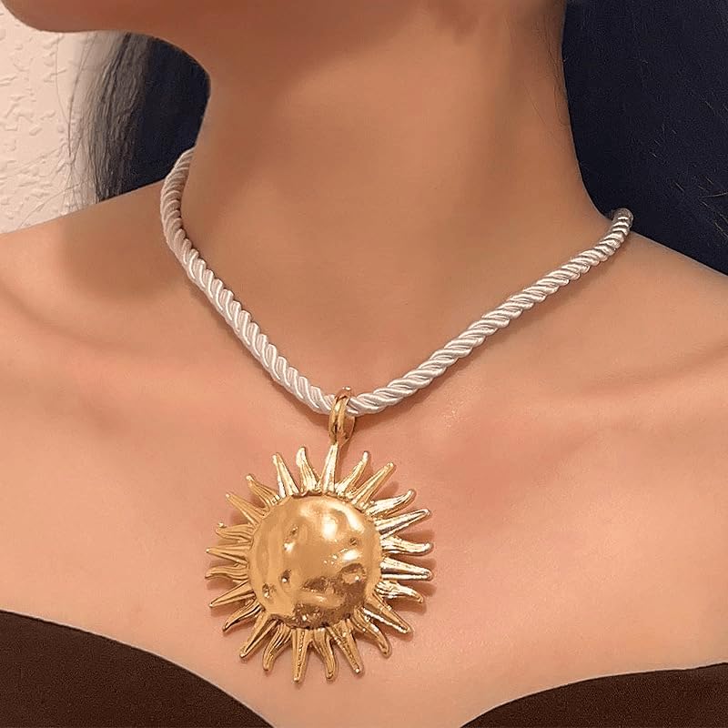 Exquisite Gold Sun Pendant Beige Rope Necklace - Retro Round Coin Necklace - Ladies
