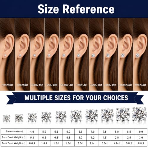 Moissanite Stud Earrings for Women & Men 18K White Gold/14K Gold Plated 925 Sterling Silver Stud for Sensitive Ear VVS1 Clarity Diamond Sparkle Jewelry Gifts with Sentimental Gift Box - color: 01 April-Diamond Clear White-Silver, size: 7.5mm- 3.0 Carat-(1