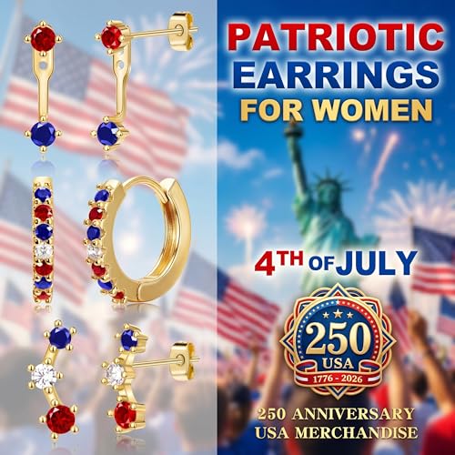 3 Pairs Dainty Small 4th of July Earrings for Women Trendy, Birthstone Stud Huggie Hoop Jacket Stack for Cartilage Helix, Gold Plated Hypoallergenic Cute Women Fashion Accessories Western Jewelry Gifts - color: 4th of July earrings(Gold Red White Blue)