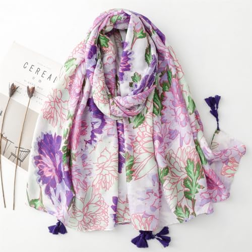 WaJuemy Travel Boho Scarf for Women Casual Lightweight Pashmina Scarves Fashion Multicolor Shawl Wraps with Fringed Beads - color: 06 Purple/Pink Floral