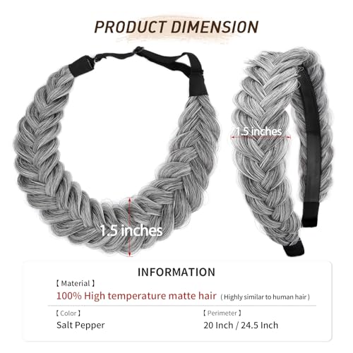 2PCs Braided Headband with teeth Handmade Messy Wide Synthetic Hair Elastic Stretch Fluffy Hairpiece for Brides (Salt Pepper) - color: Salt Pepper
