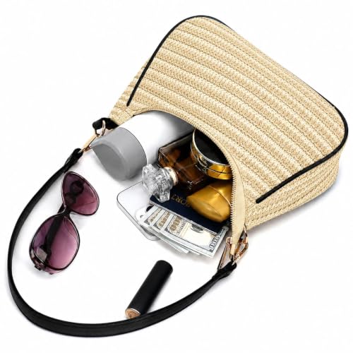 Straw Shoulder Bag for Women – Summer Woven Colorful Stripe Purse - color: Natural Straw