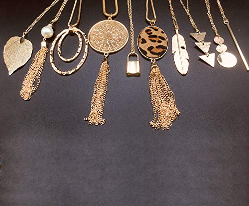 10Pcs Long Pendant Necklace Simple Moon Bar Three Triangle Tassel Lock Sweater Y Shape Punk Chain Choker Necklace for Women Men Gold Silver Plated - style: C:10Pcs Gold Tone