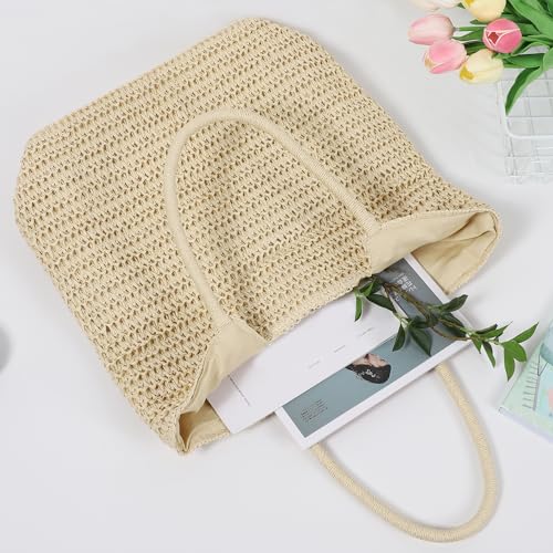 WantGor Straw Beach Bags, Women Summer Woven Tote Bag Large Boho Shoulder Handbags Casual Travel Beach Bag Foldable Hobo Bags - color: Beige