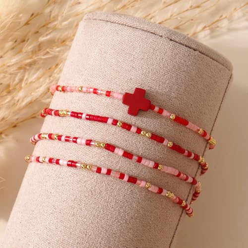 Gold Colorful Beaded Cross Bracelet Stack Set for Women,Handmade Bohemian Seed Beads Stacked Bracelets Fashion Holiday Jewelry Gift - color: Red