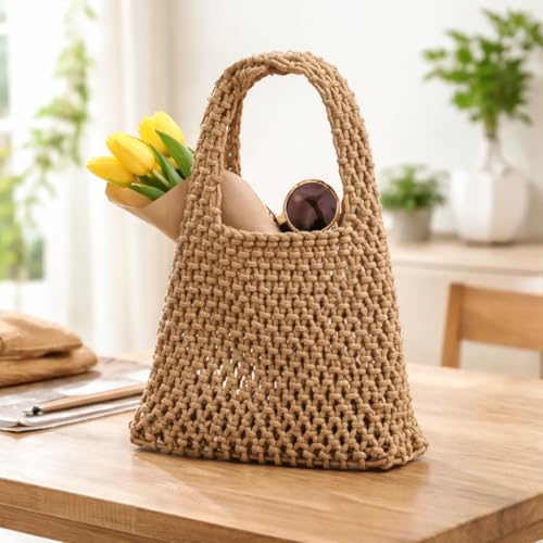 Handmade Cotton Rope Tote Bag – Hollow Weave Beach Bucket Bag with Wrist Strap, Ideal for Vacation and Resort Use